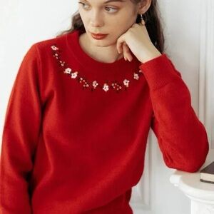 Simple Retro Red Floral Embroidered Crewneck Sweater size small cottagecore 70s